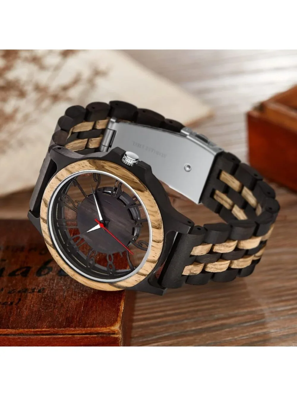 Men's Black Quartz Ebony Zebra Fold over Clasp Wood Strap Round Wooden Watch